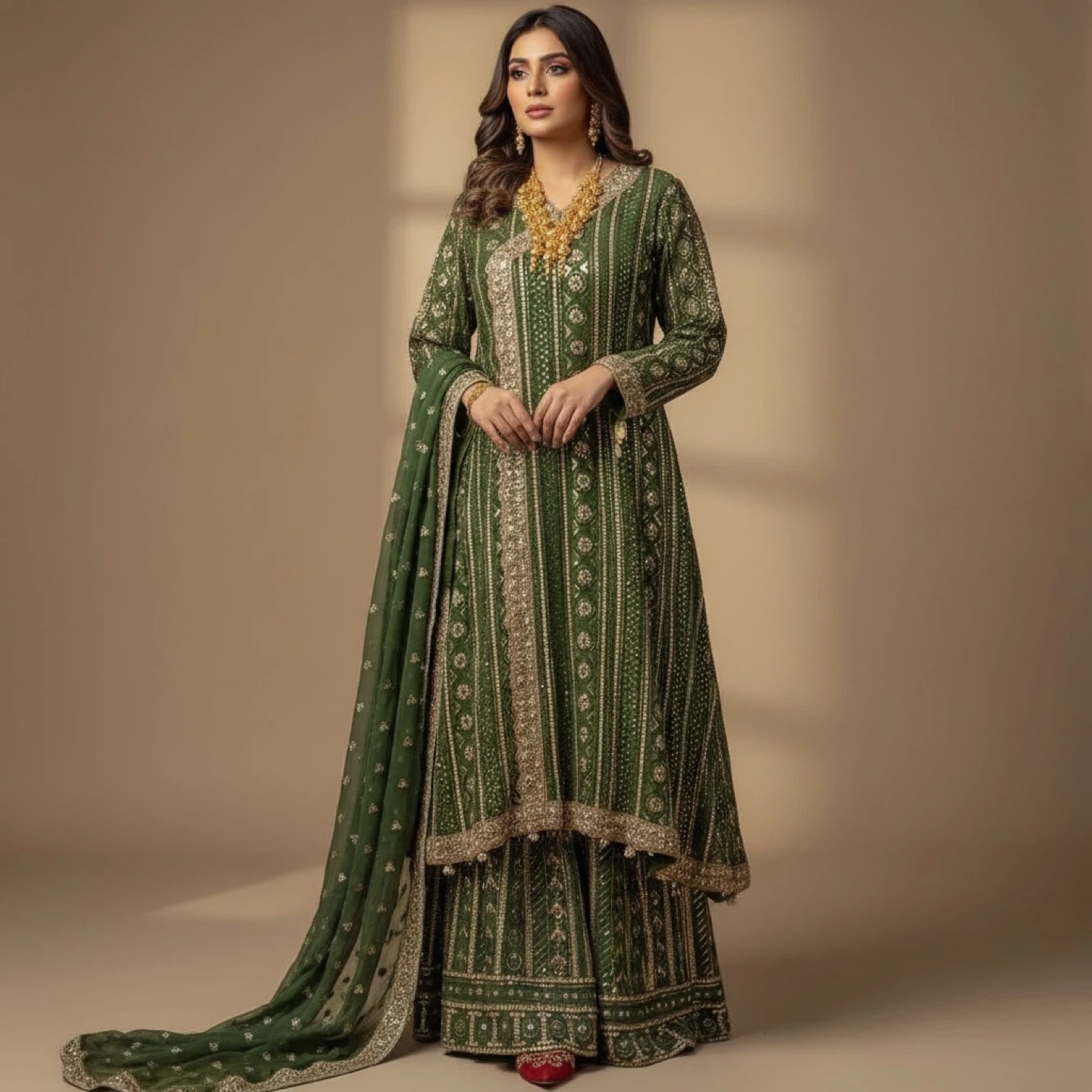 Green Embroidered Pakistani Salwar Kameez - photo 2
