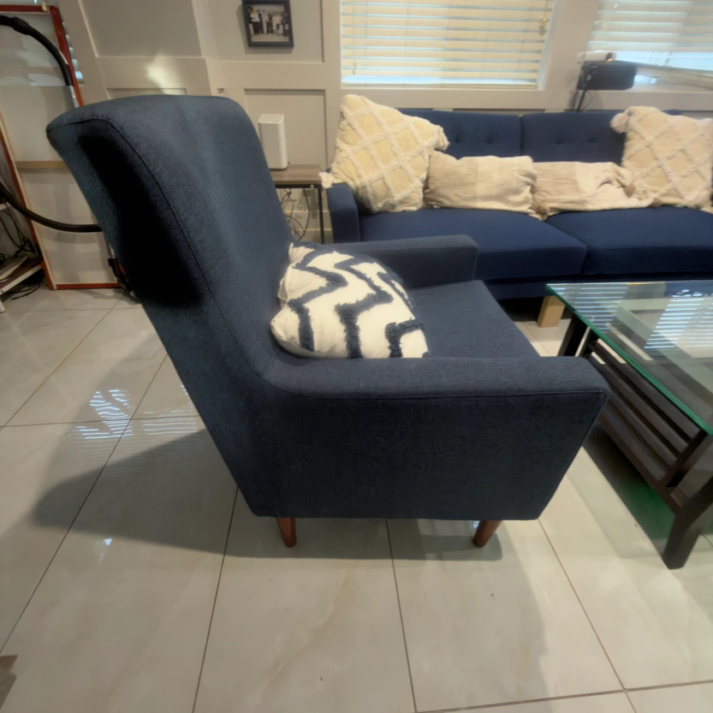 Blue Sofa, Glass Coffee Table and blue armchair - photo 5