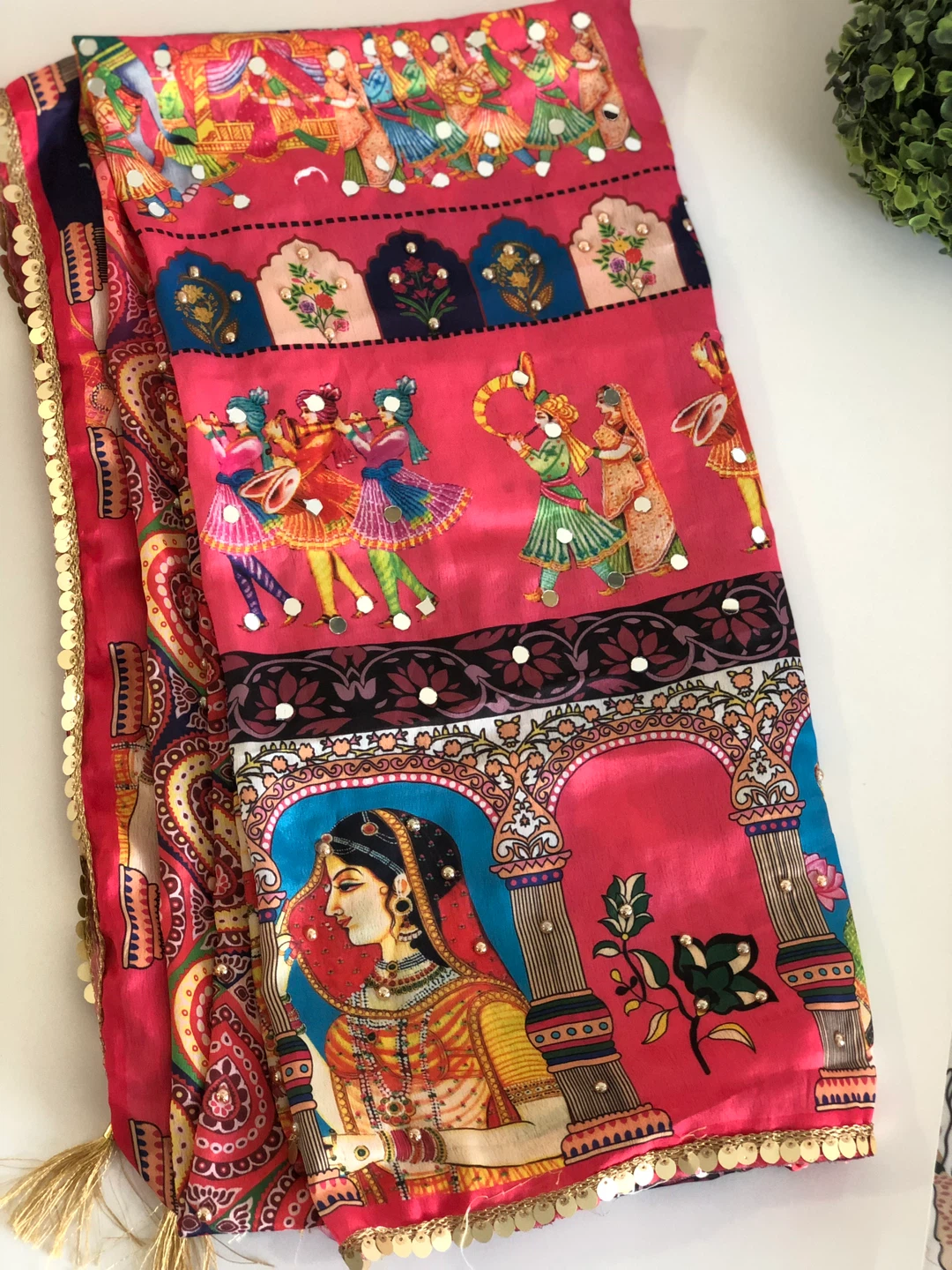 Indian Print Scarf/dupatta with Gold Sequin Trim