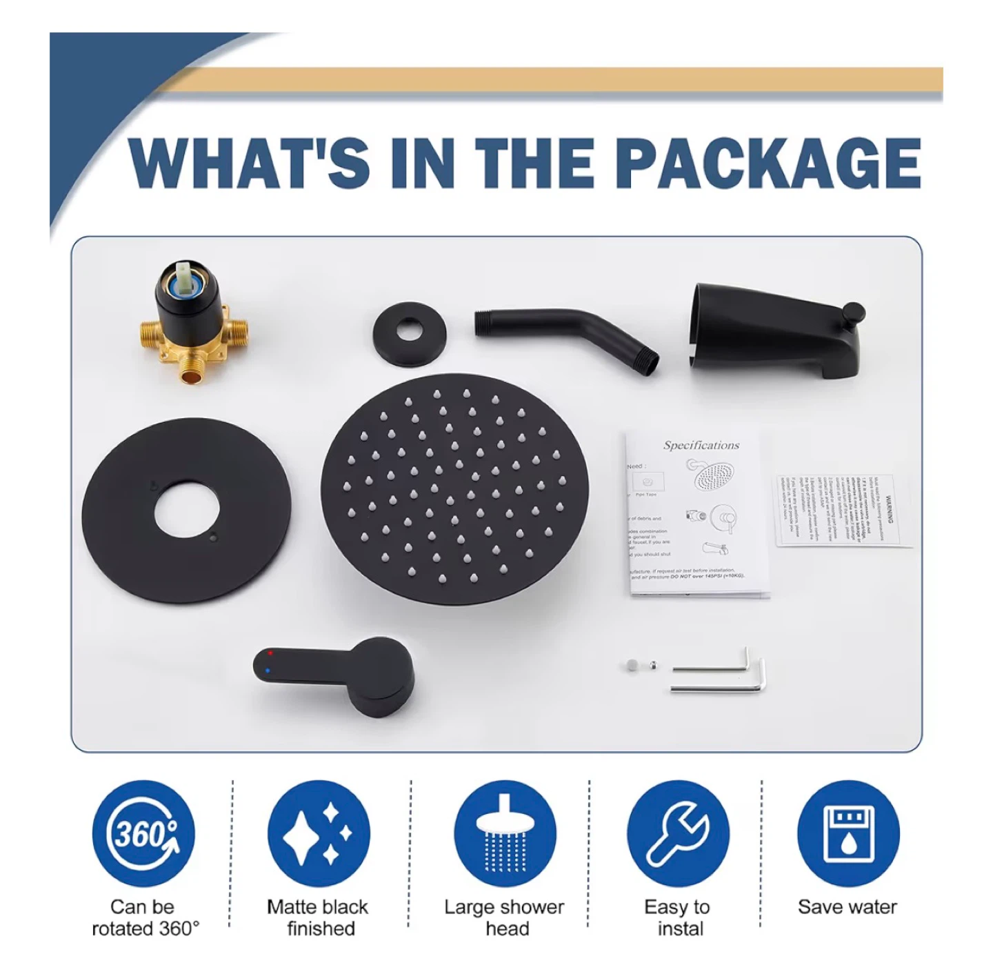 WRISIN 6 Inch Matte Black Rain Shower Head - New