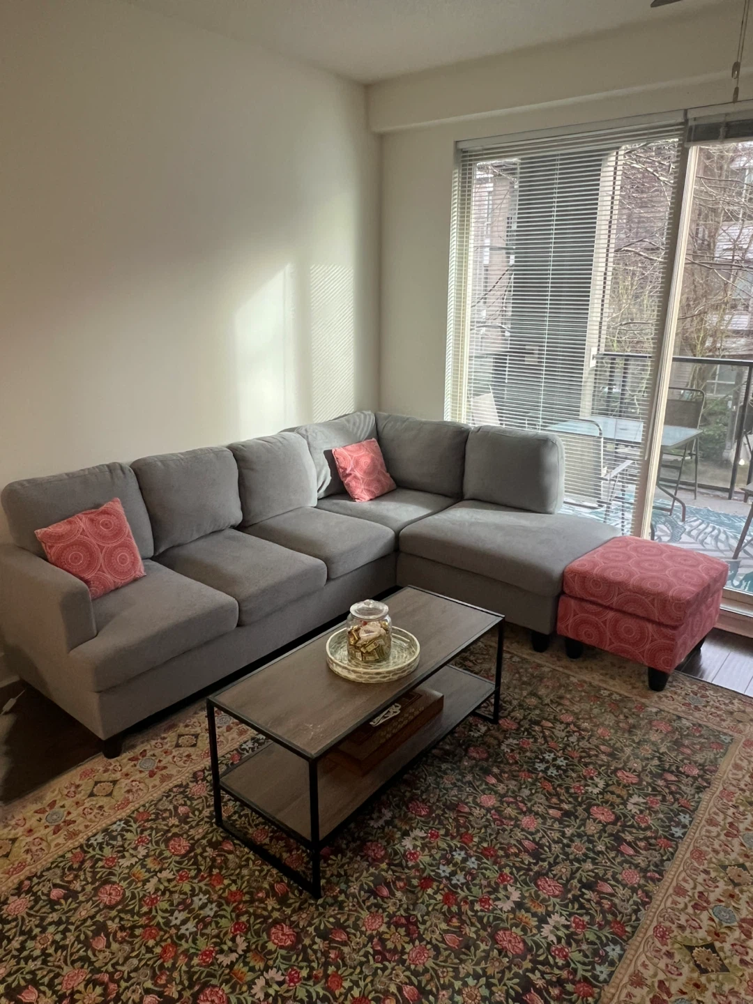 Grey Sectional Sofa + Ottoman + Coffee Table