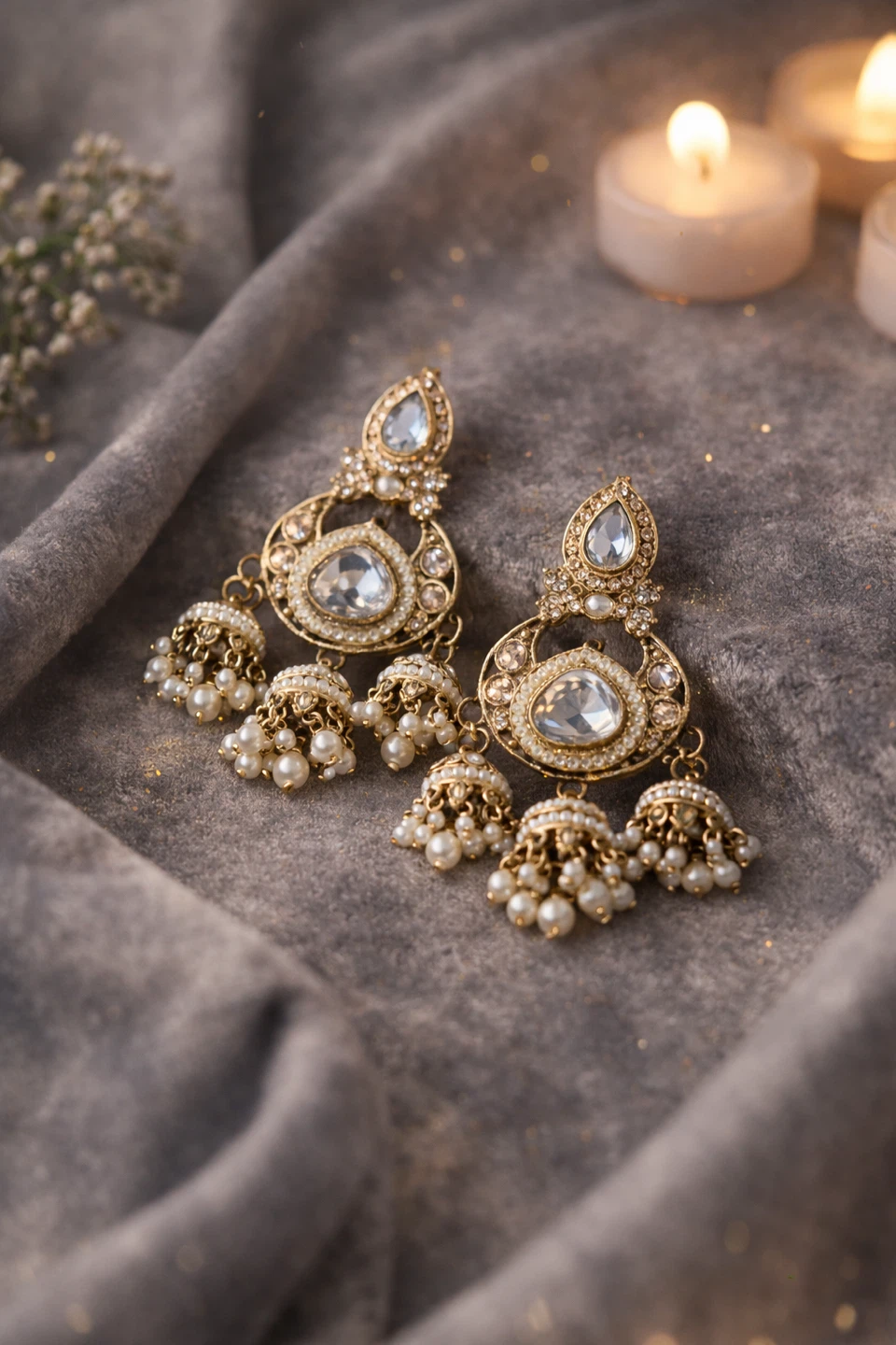 Gold Jhumka Earrings with Pearls