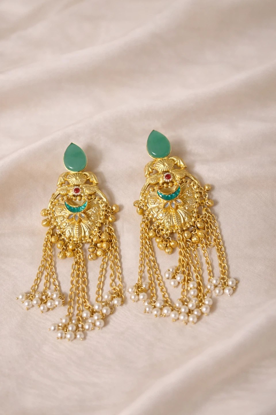 Kashmiri Gold Tassel Earrings with Green Stone Accent