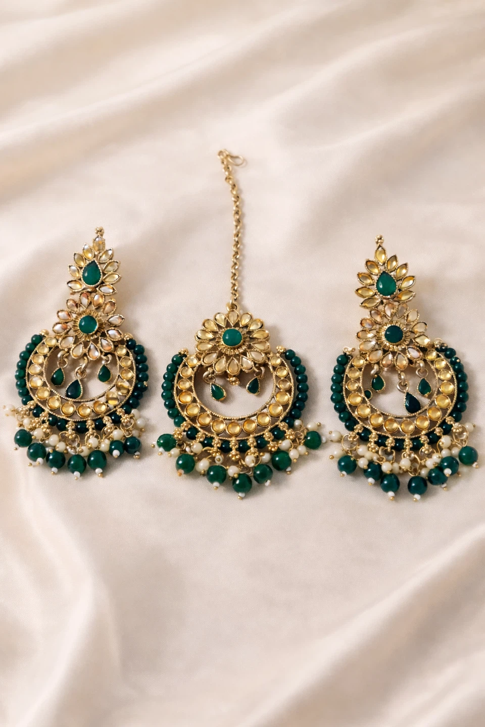 Earrings & Tikka Set - Green & Gold