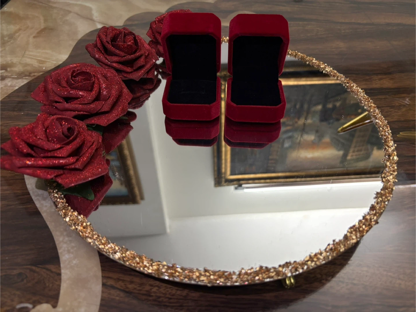 Round Mirror Tray with gold stones & red flowers - photo 2