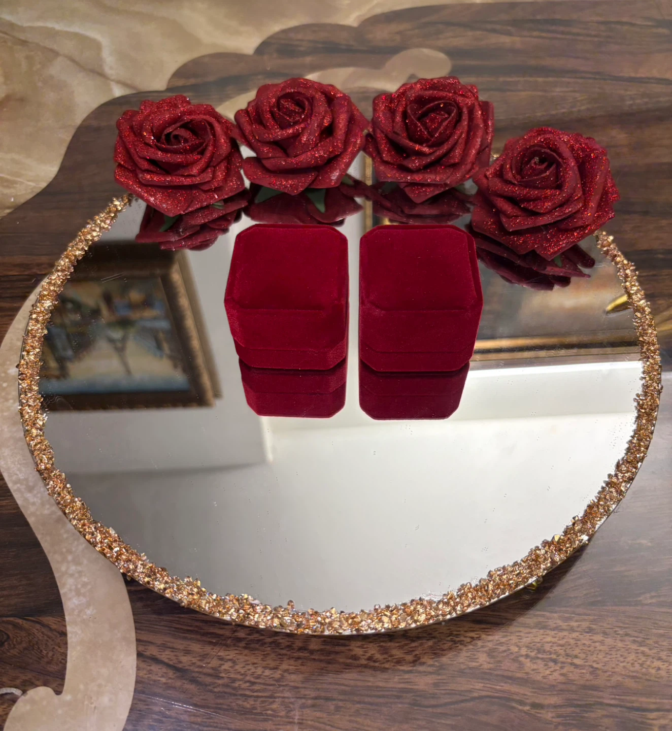 Round Mirror Tray with gold stones & red flowers