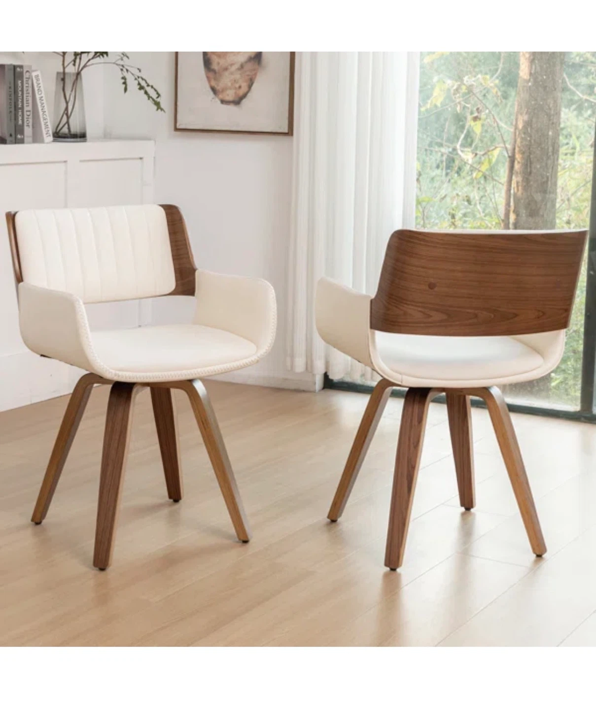 4 Swivel Accent Chairs - Wood & Cream