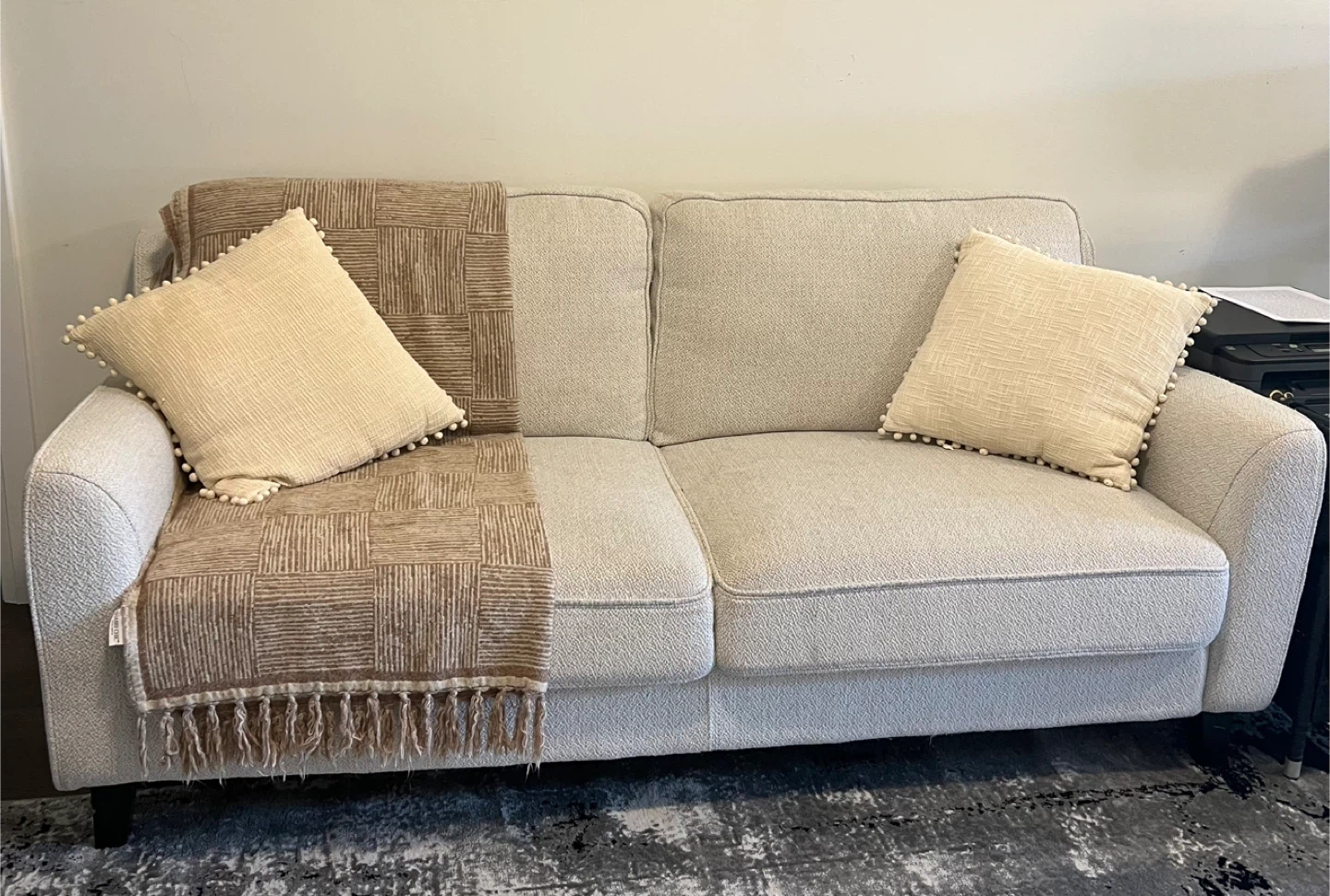 Beige Loveseat Sofa with Pillows & Throw