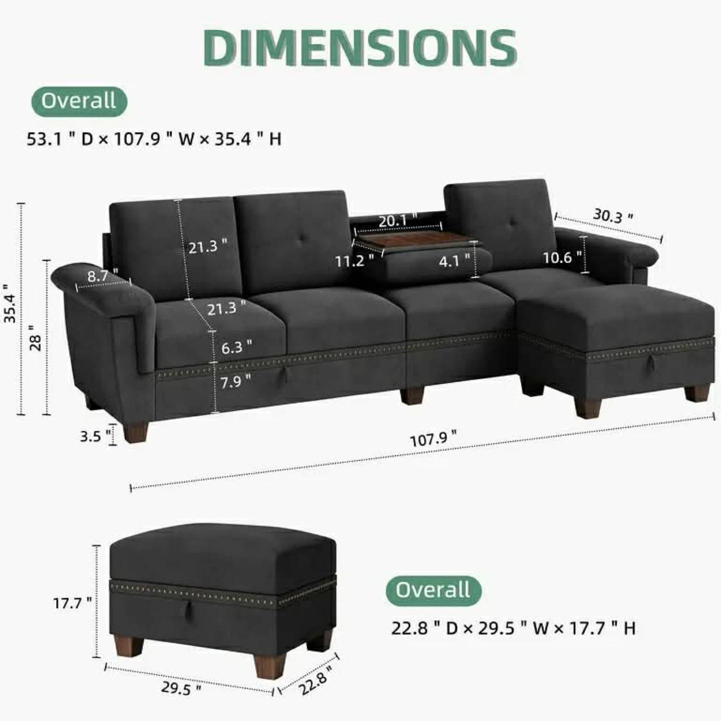 Dark Gray Sofa with Ottoman, Storage and Cup Holder - photo 3