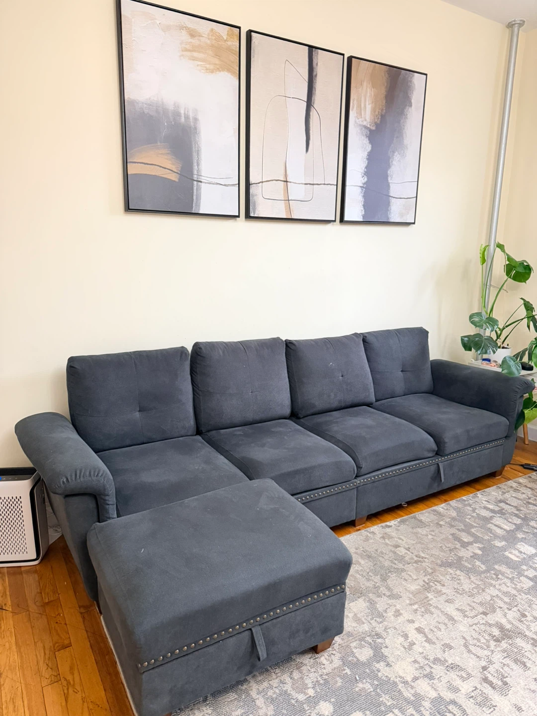 Dark Gray Sofa with Ottoman, Storage and Cup Holder