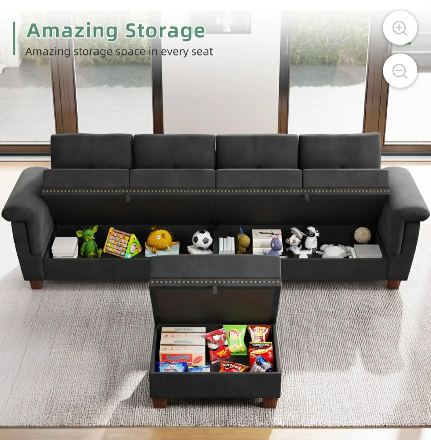 Dark Gray Sofa with Ottoman, Storage and Cup Holder - photo 5