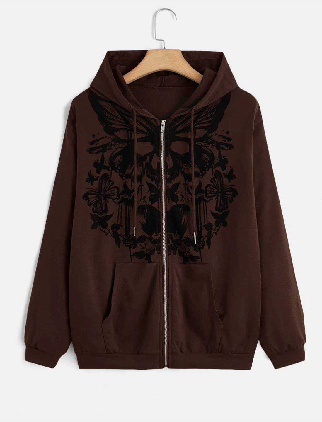 Brown Butterfly Graphic Zip-Up Hoodie