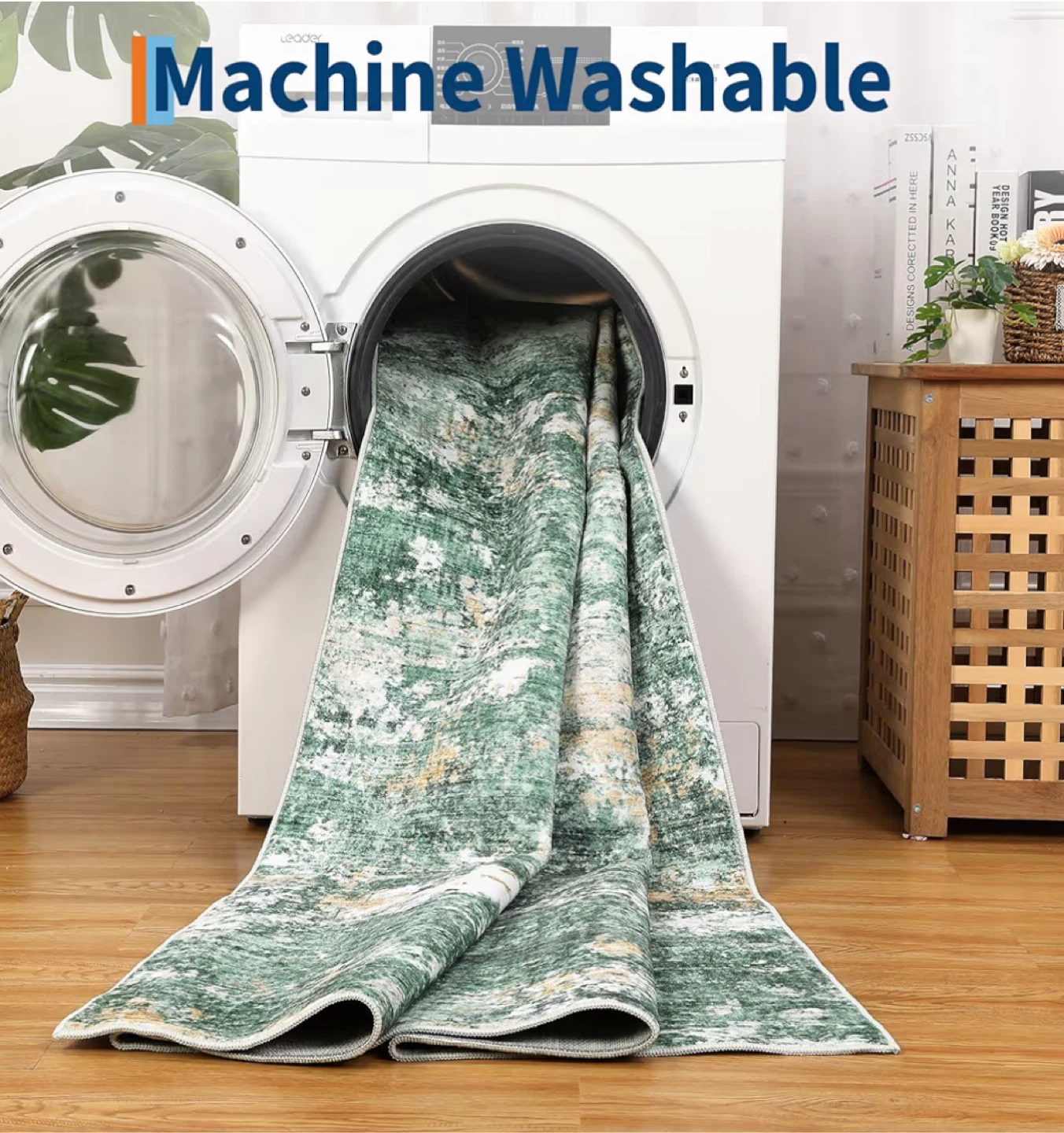8x10 Feet New Machine Washable Green Distressed Rug - photo 3