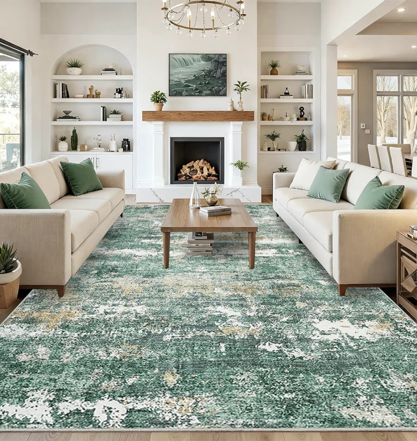 8x10 Feet New Machine Washable Green Distressed Rug - photo 2