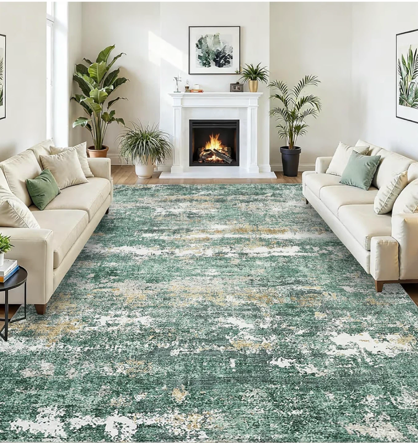 8x10 Feet New Machine Washable Green Distressed Rug