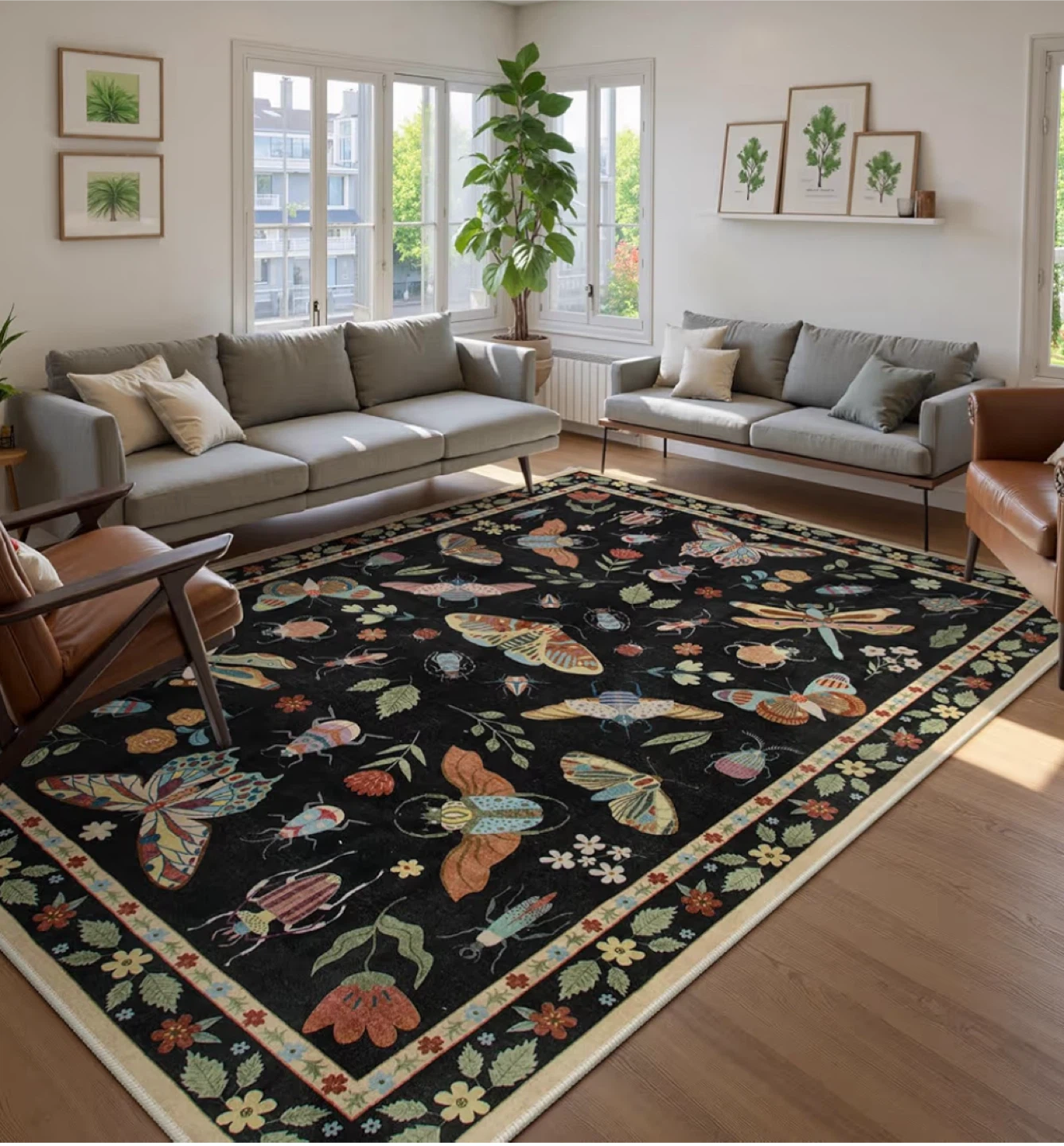 8x10 Feet Lahome Washable Rug - Butterfly/Insect Design