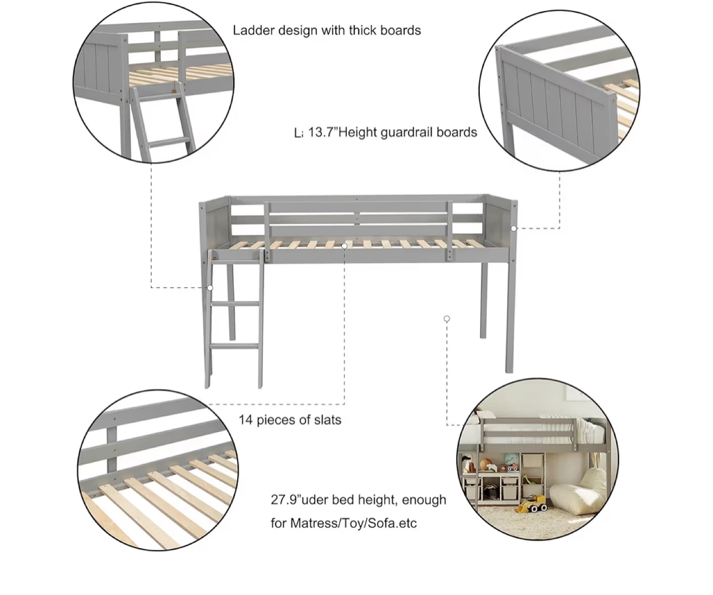 Gray Loft Bed Frame with Ladder - photo 2