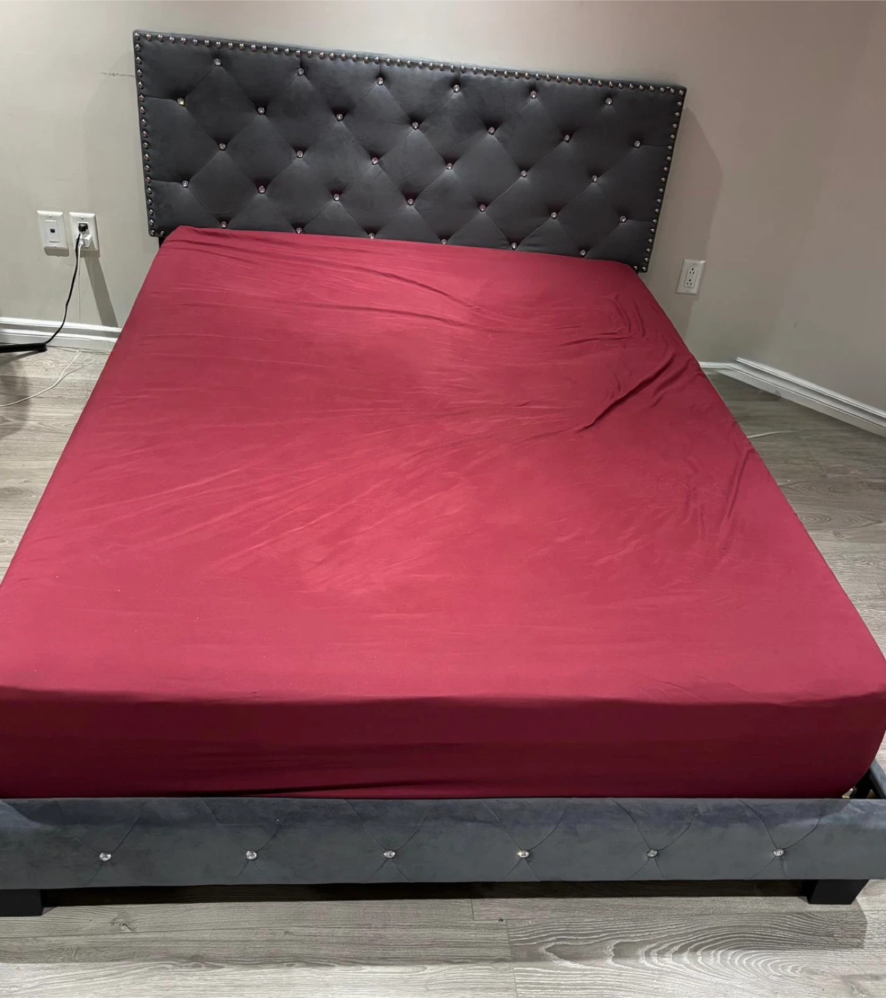 Queen Size Grey Upholstered Bed Frame and mattress
