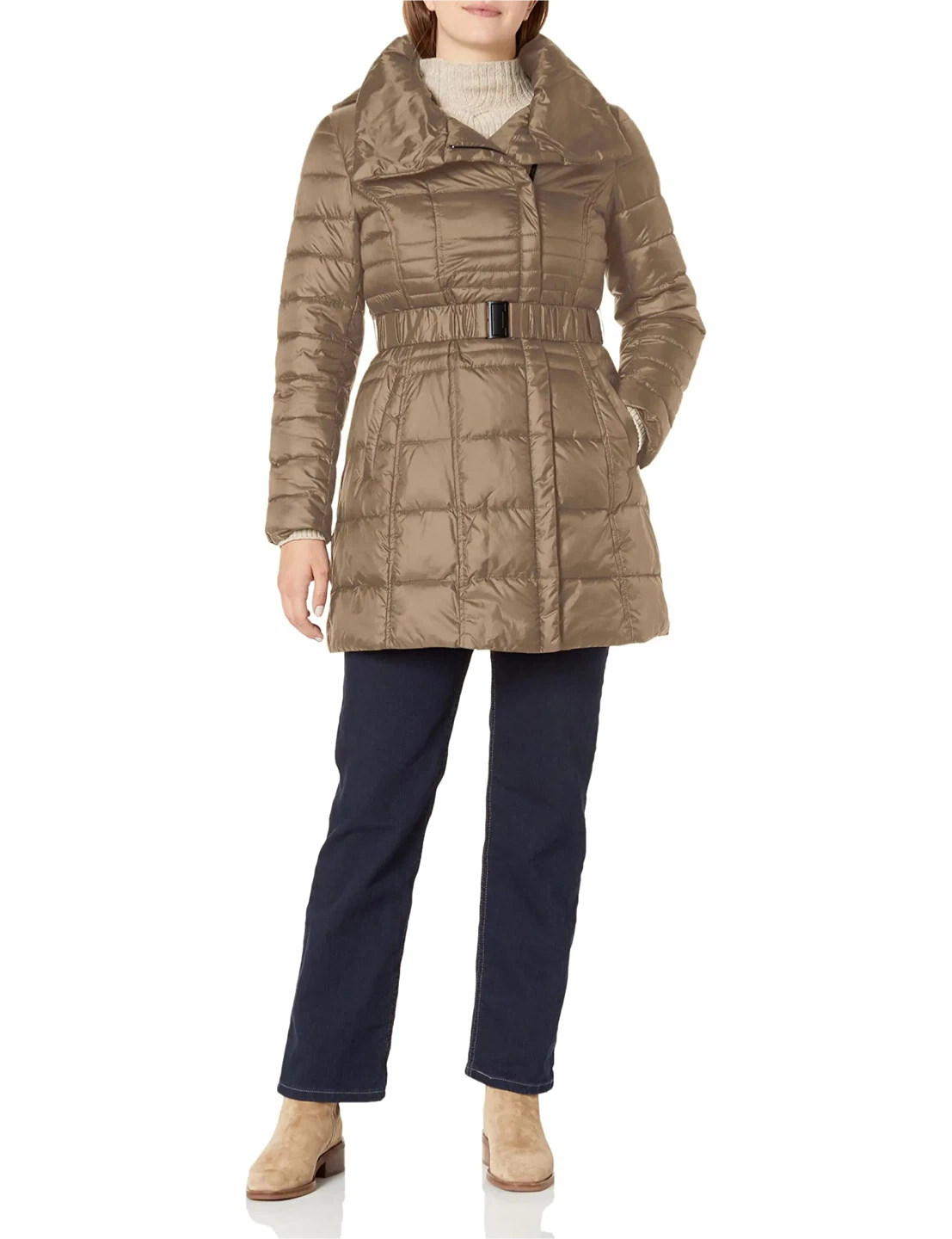 Belted Puffer Coat - Brown