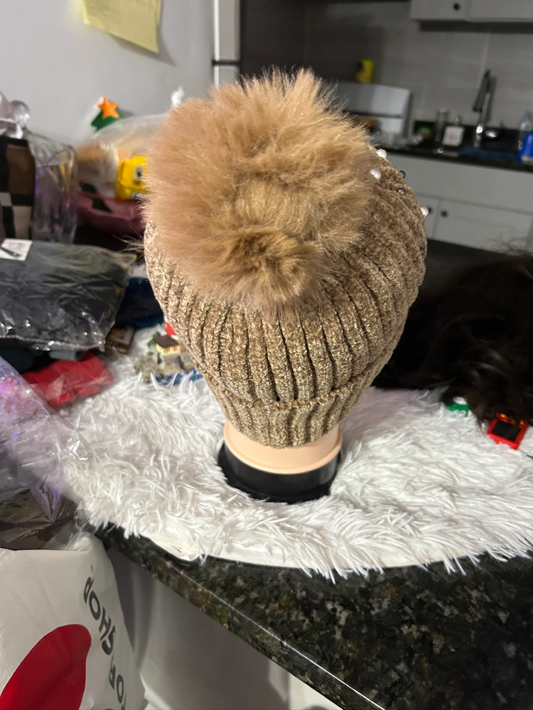 Brown Knit Beanie with Pearls & Pom-Pom - photo 3