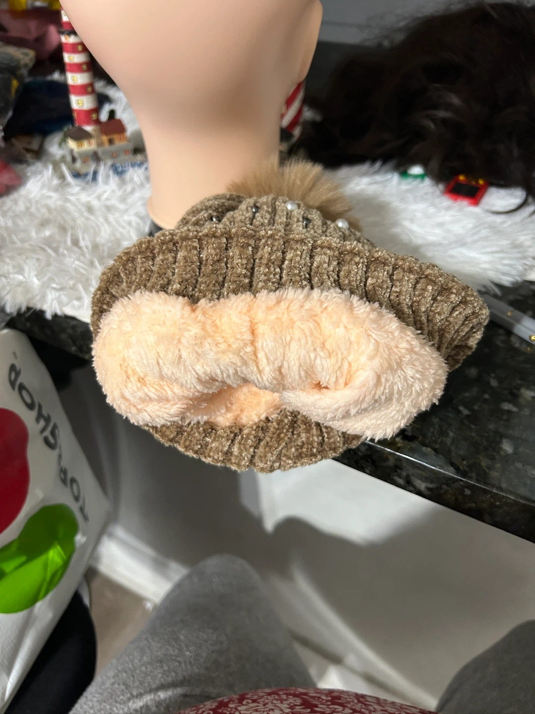 Brown Knit Beanie with Pearls & Pom-Pom - photo 2