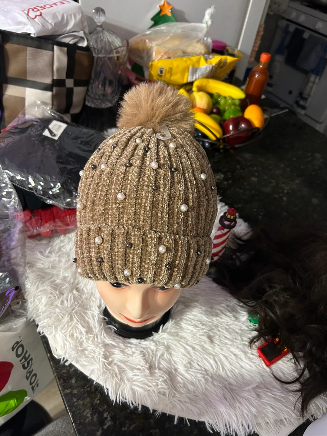 Brown Knit Beanie with Pearls & Pom-Pom - photo 4