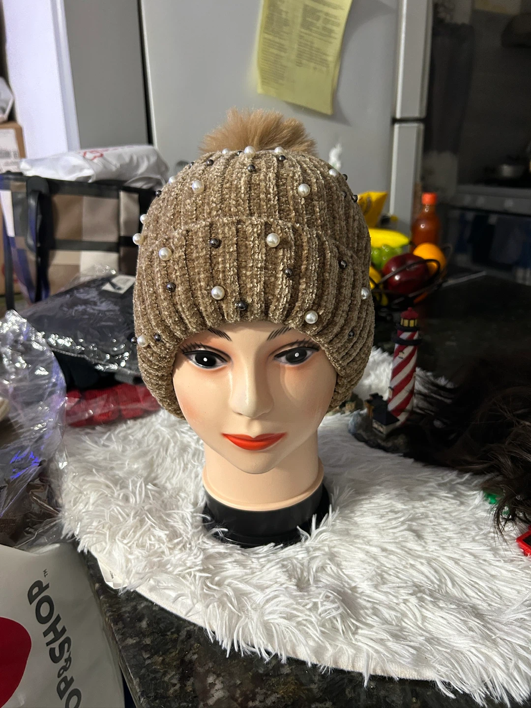 Brown Knit Beanie with Pearls & Pom-Pom