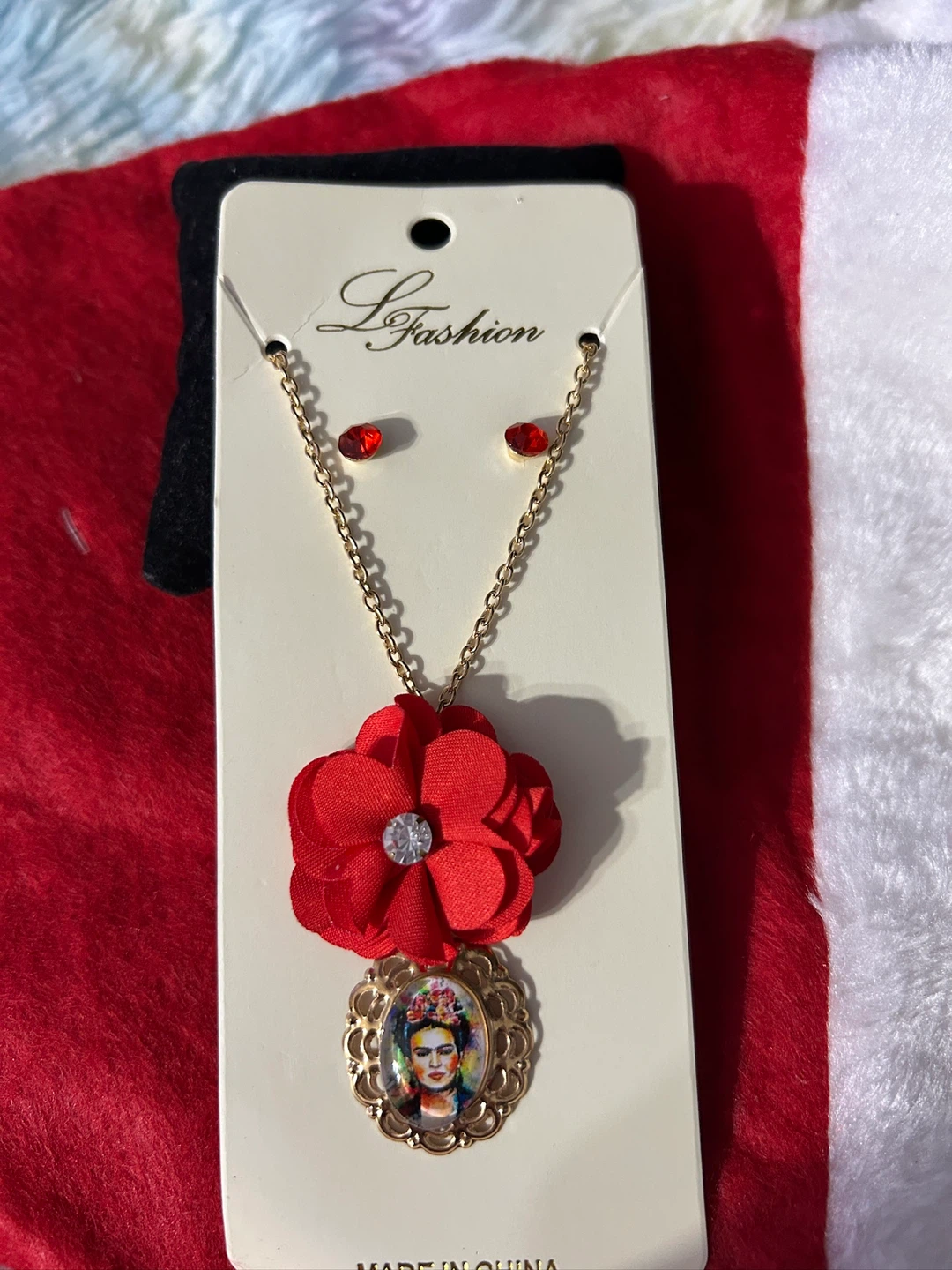Fashion Red Flower Necklace & Earring Set