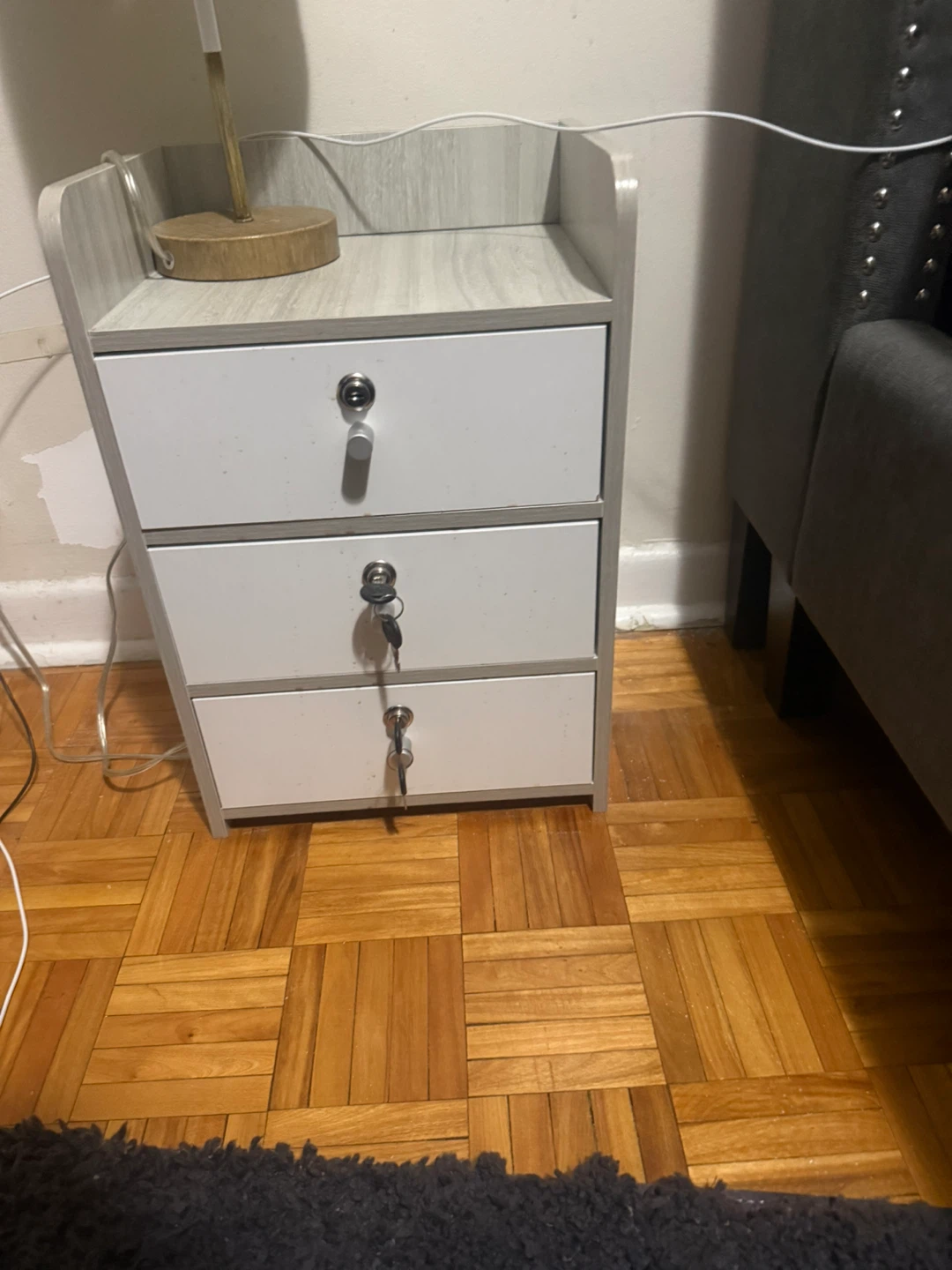 White 3-Drawer Nightstand with Keys