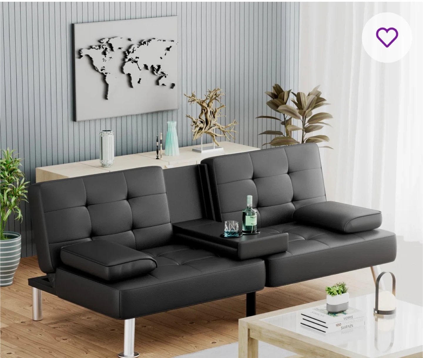 Black Faux Leather Convertible Futon Sofa Bed