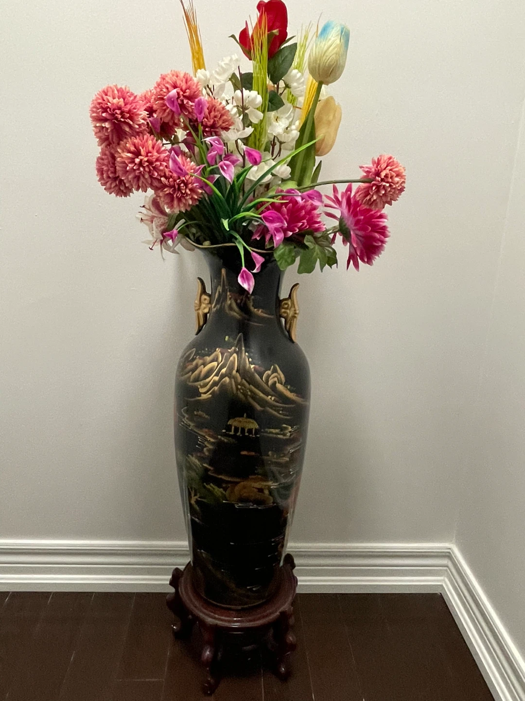Large Decorative Black Vase with Stand