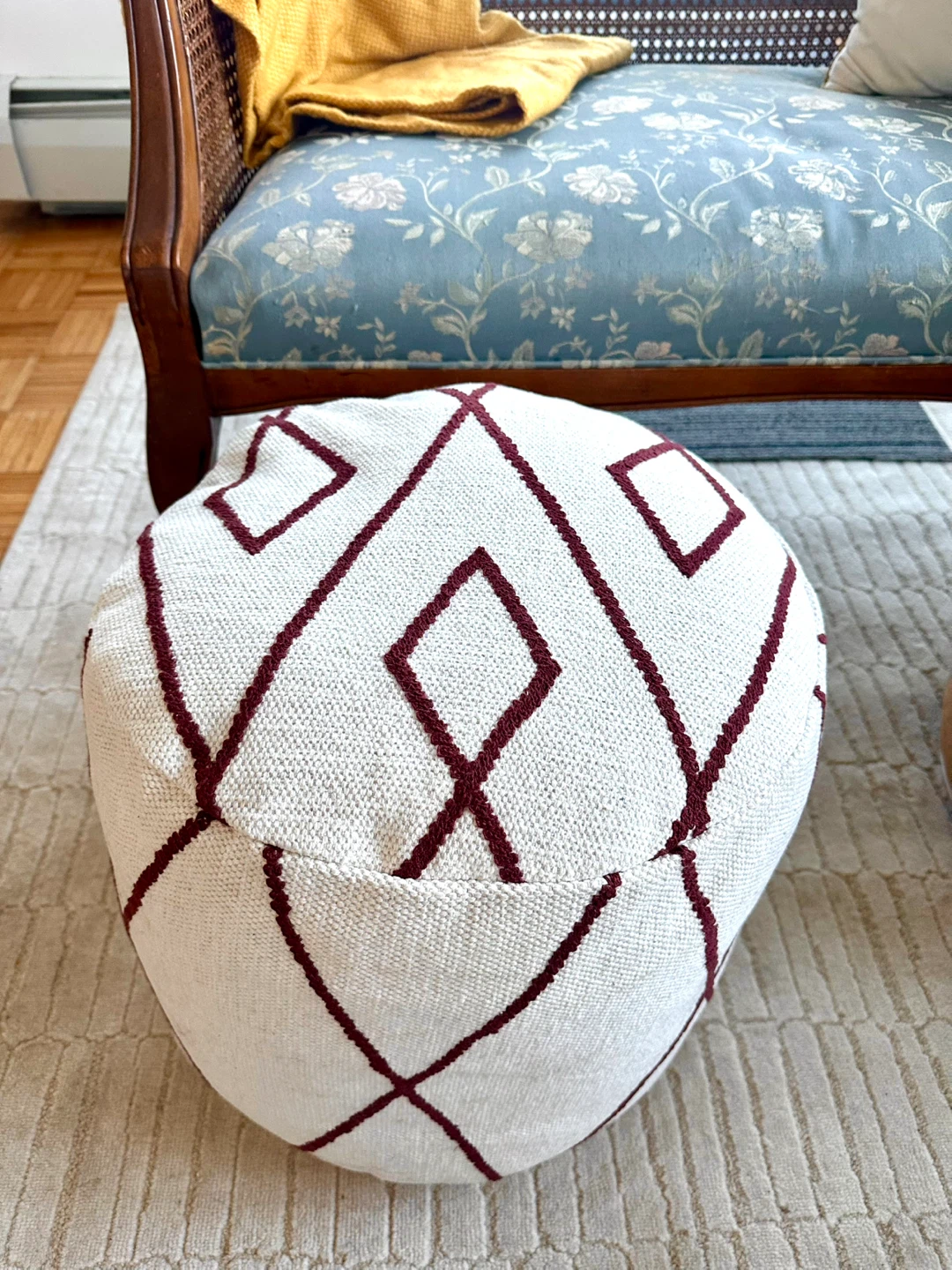 White & Maroon Patterned Pouf Ottoman