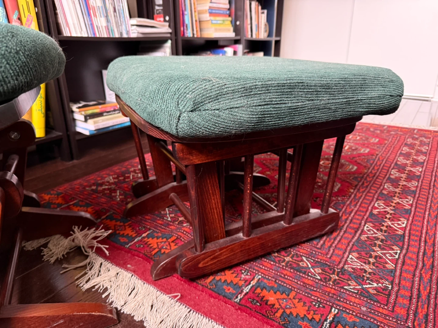 MOVING SALE - Glider Rocking Chair & Ottoman - Green Fabric - photo 3