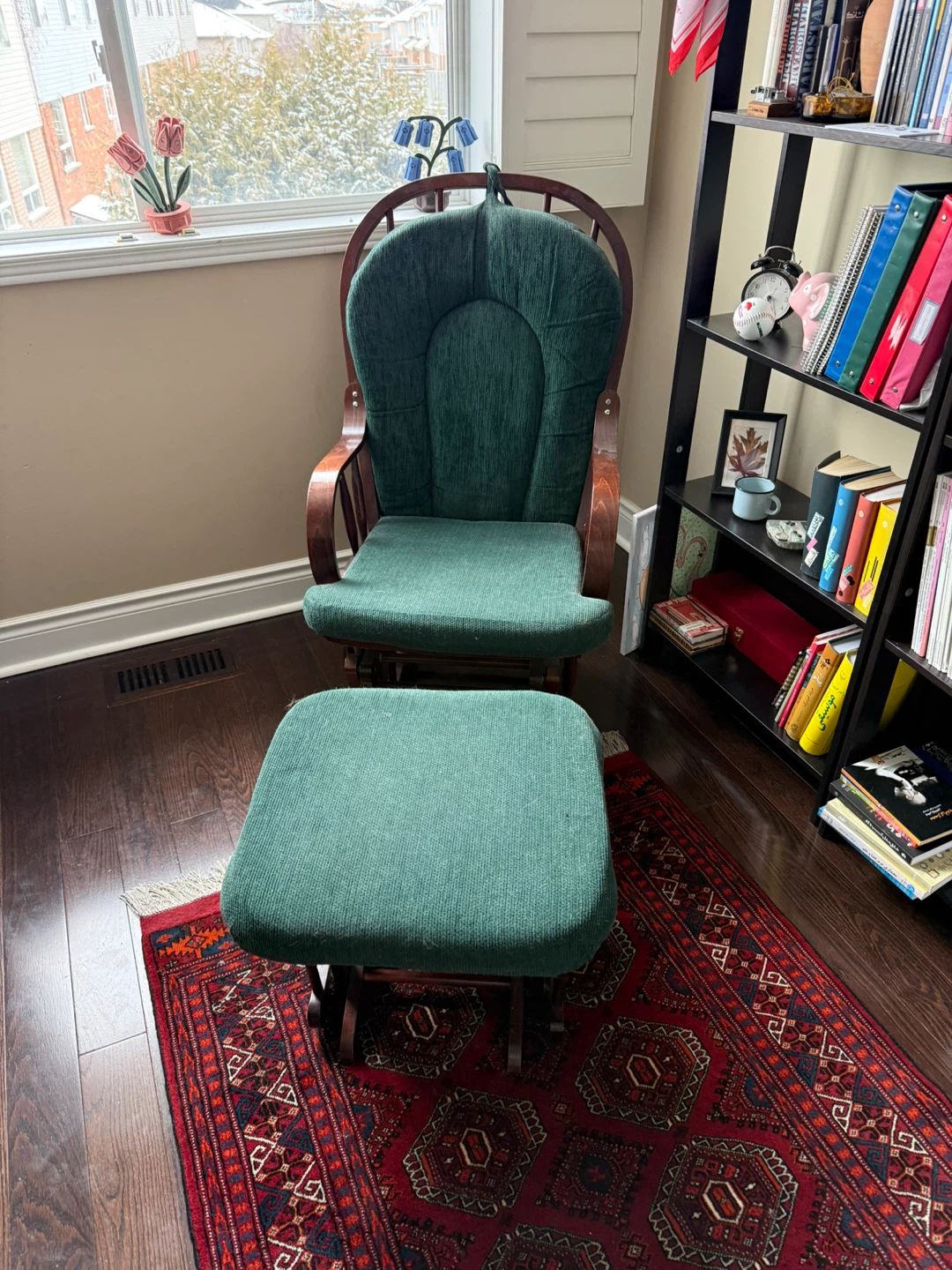 MOVING SALE - Glider Rocking Chair & Ottoman - Green Fabric