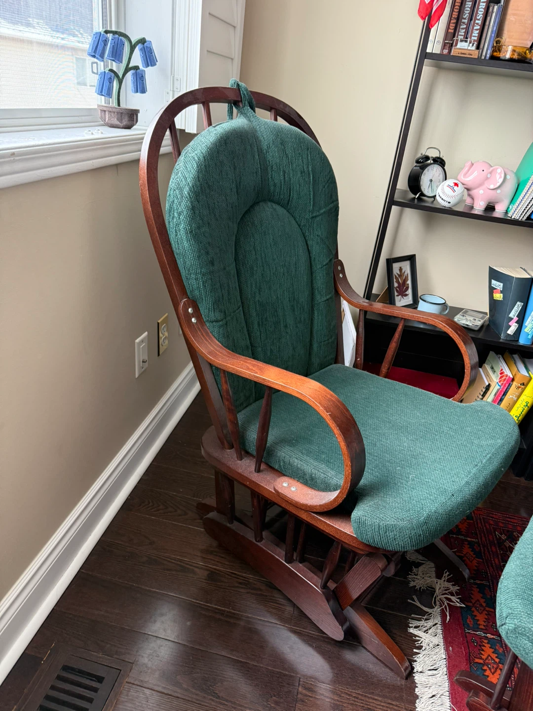 MOVING SALE - Glider Rocking Chair & Ottoman - Green Fabric - photo 2