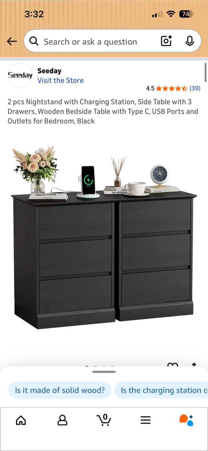 Seeday Black Nightstands with Charging Station (2)