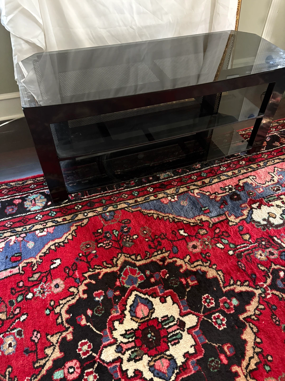 Black Smoked Glass and Metal TV Stand