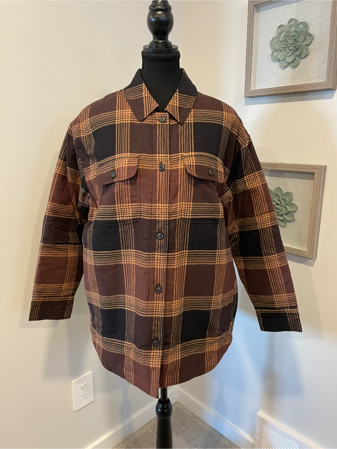 New! Tentree Womens Kapok Brown Plaid Flannel Insulated Shacket