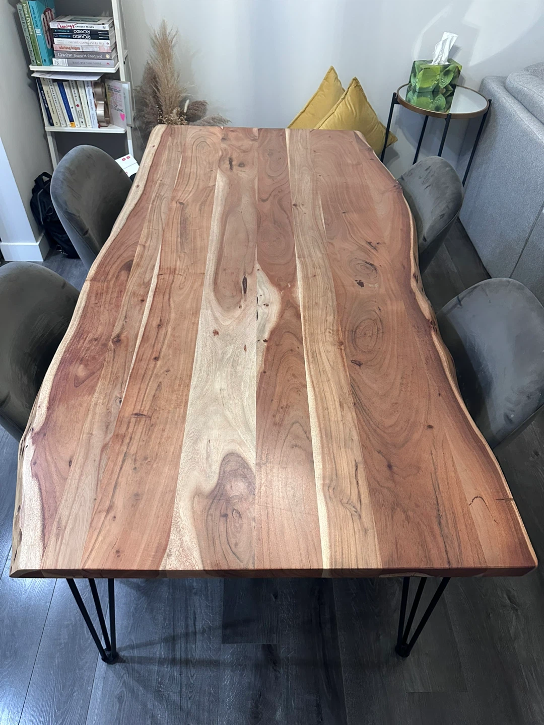 Live edge wood table and velvet chairs