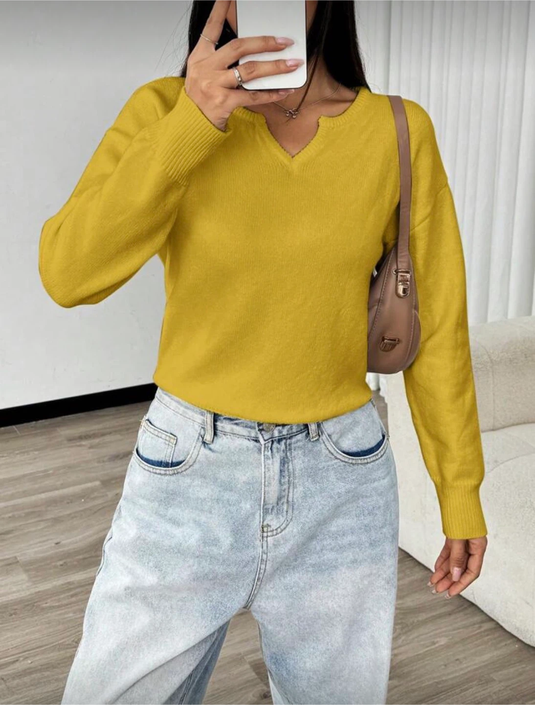 Yellow Long Sleeve V-Neck Sweater - photo 2