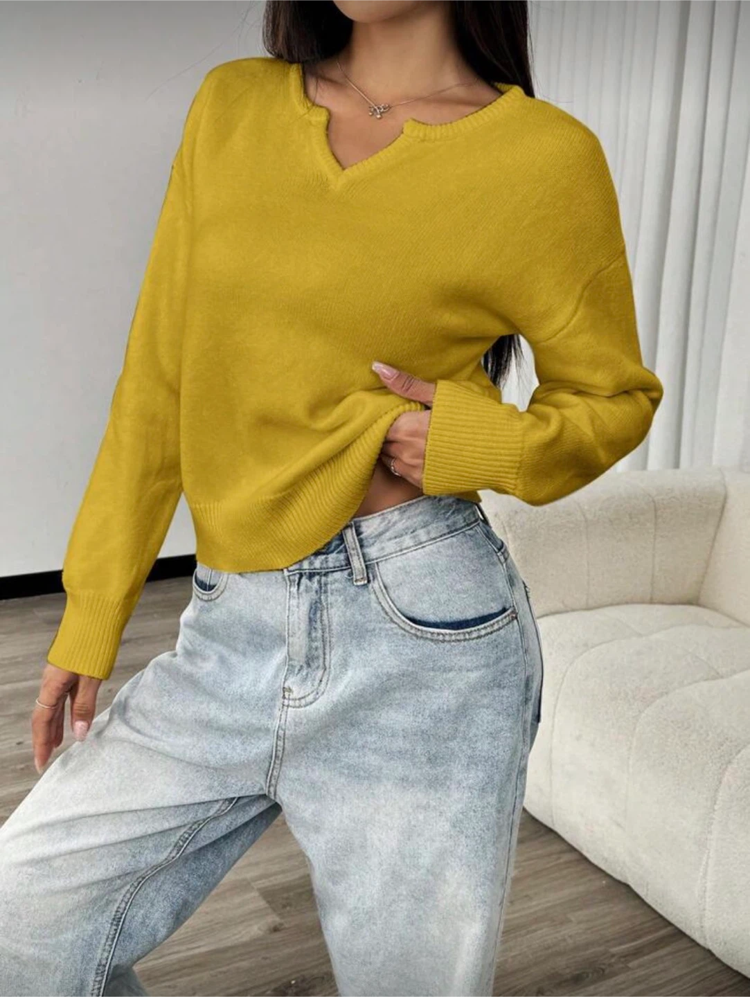 Yellow Long Sleeve V-Neck Sweater - photo 5