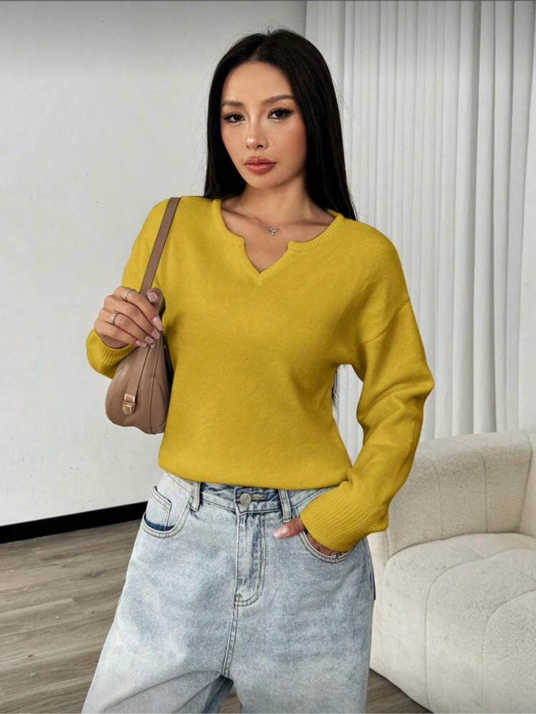 Yellow Long Sleeve V-Neck Sweater