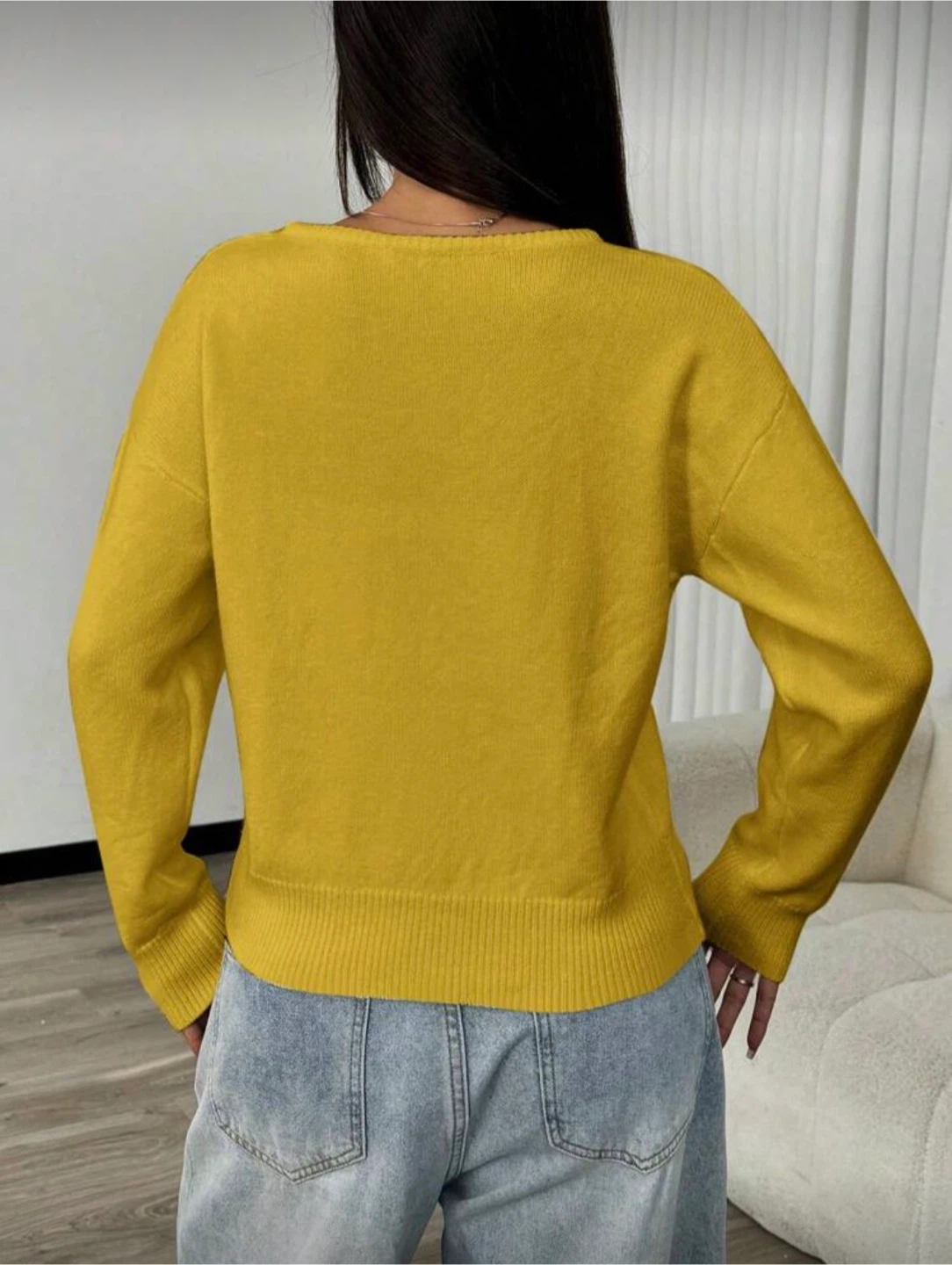 Yellow Long Sleeve V-Neck Sweater - photo 3