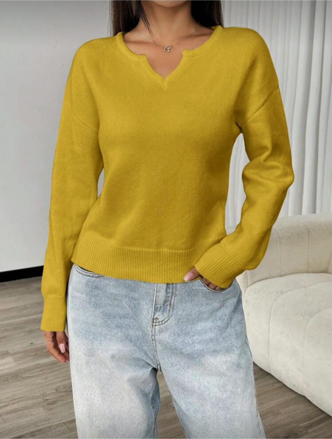 Yellow Long Sleeve V-Neck Sweater - photo 4
