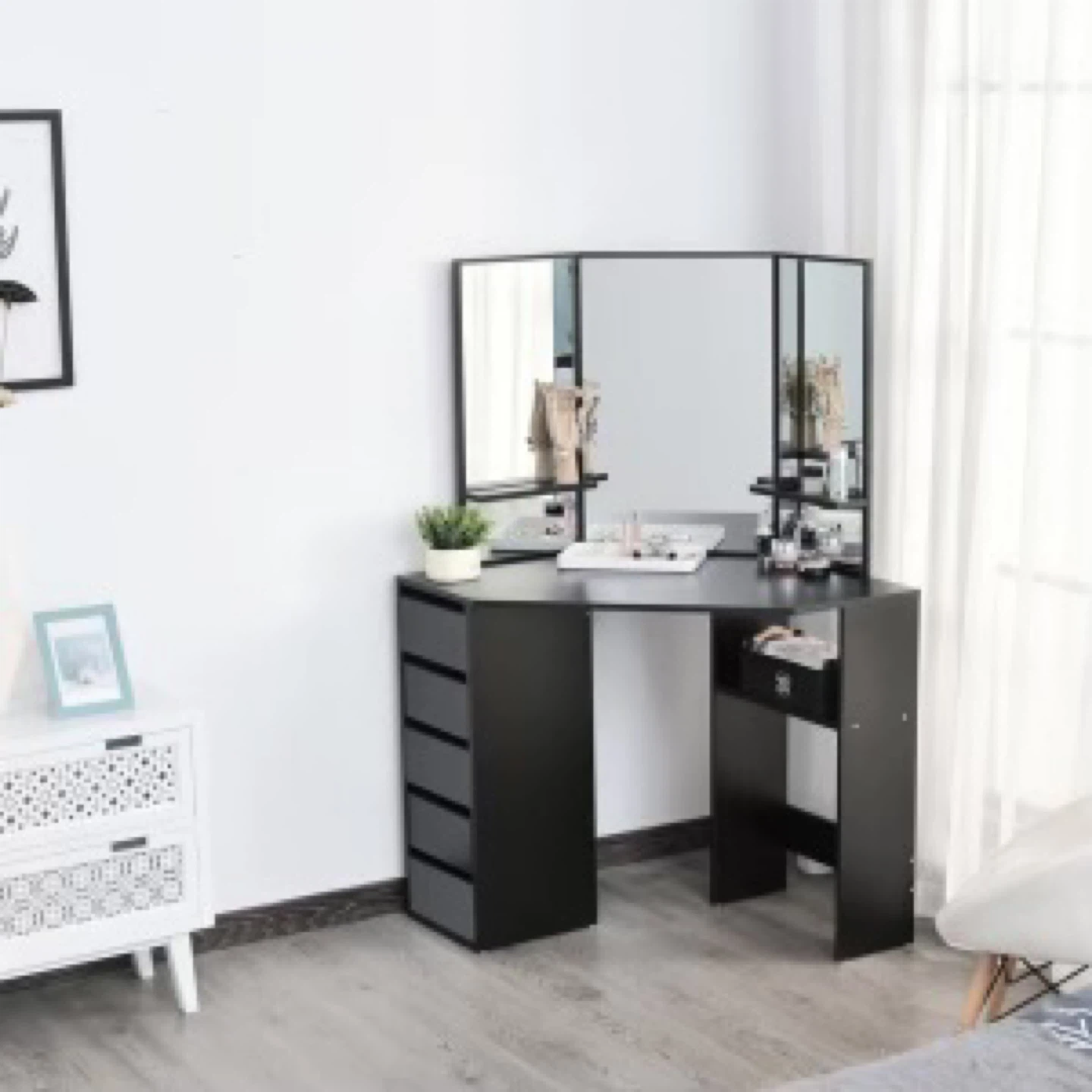 Corner Vanity with Tri-Fold Mirror - Black - photo 3