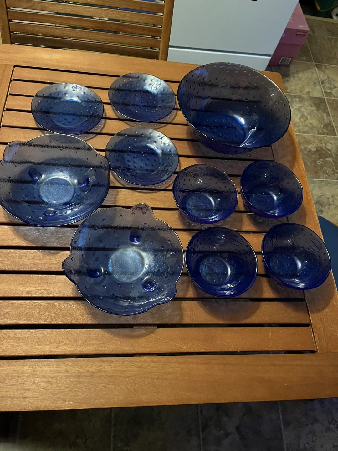 Vintage Blue Glass Hobnail Dish Set - 11 Pieces