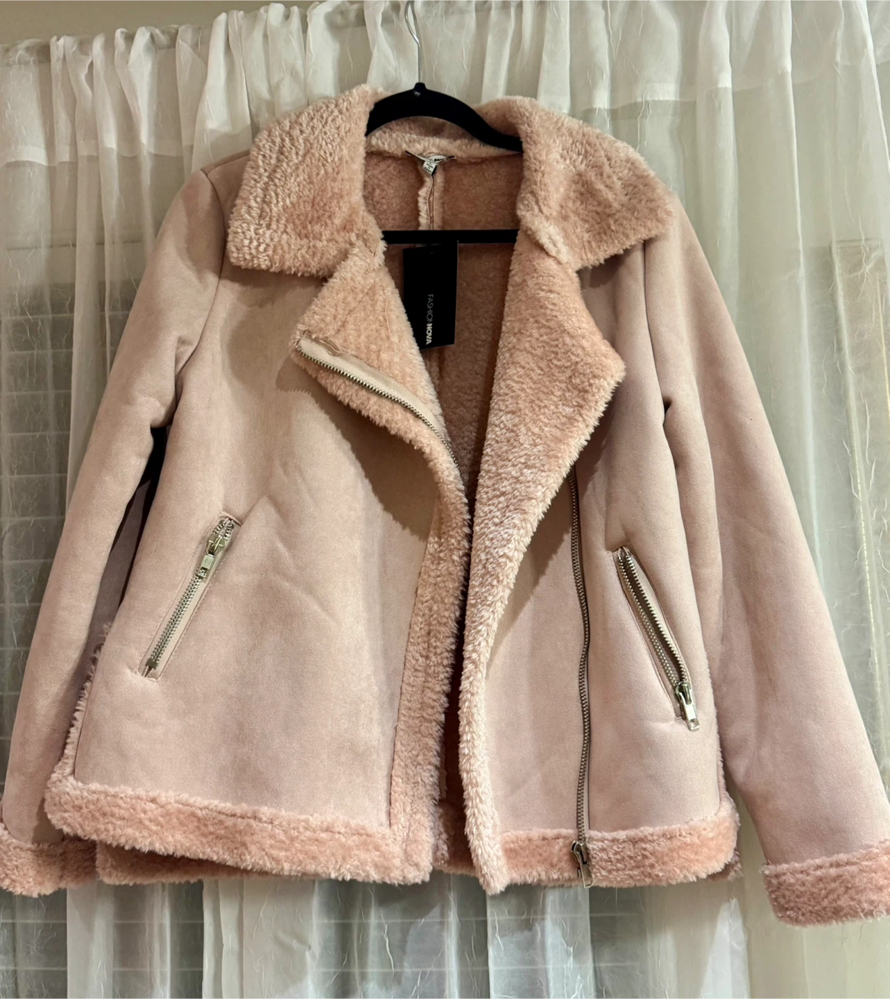 Fashion Nova Pink Faux Suede Aviator Jacket