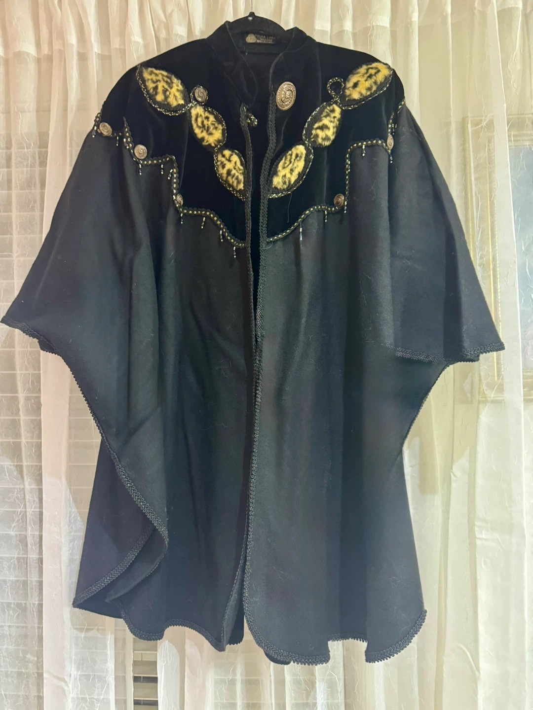 Vintage Black Cape with Velvet & Leopard Detail