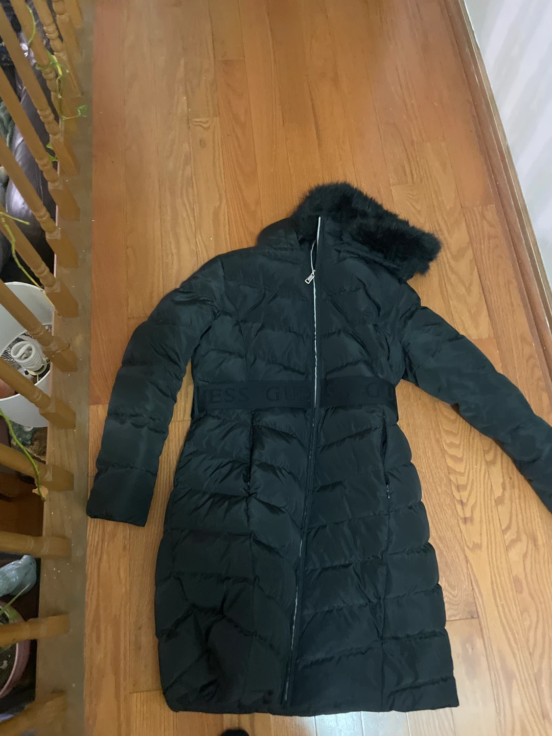 Guess Black Puffer Coat with Fur Hood