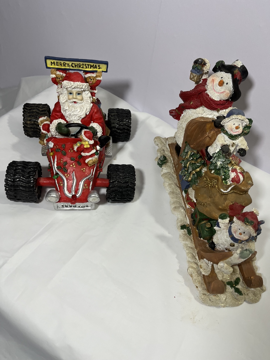 Christmas Santa Claus Car & Snowman Sleigh Figurines